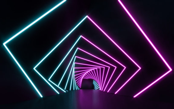 Futuristic Sci Fi blue and purple neon tube lights glowing. 3D rendering © pom669