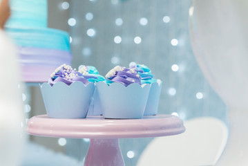 Set of tasty cupcakes with blue and purple cream icing on a pink tray on blue background and defocused lights. Selective focus. Pastel colors. Party concept. Children's party decoration.