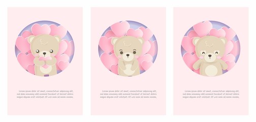 Set of greeting cards with cute bears in paper cut and craft style.