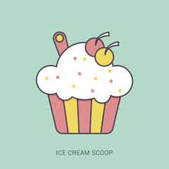 Ice cream scoops in bowl flat design. Red and green color with outline concept.