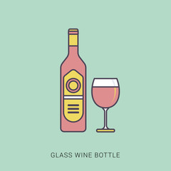 Wine glass and background on white. Red and green color with outline concept.