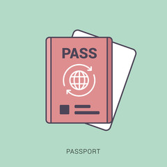 Passport with tickets. Air travel concept. Red and green color with outline concept.