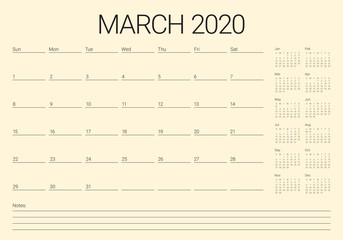 March 2020 desk calendar vector illustration