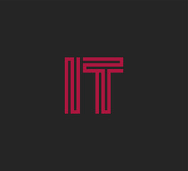 Initial two letter red line shape logo on black vector IT
