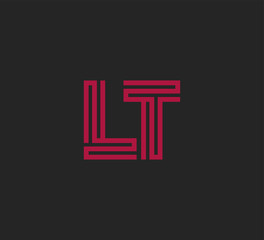 Initial two letter red line shape logo on black vector LT