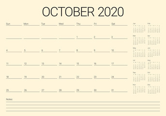 October 2020 desk calendar vector illustration