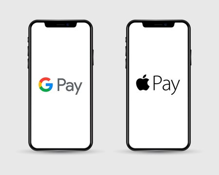 Apple Iphone with different mobile online shopping application logos: Google Pay and Apple Pay
