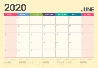 June 2020 desk calendar vector illustration