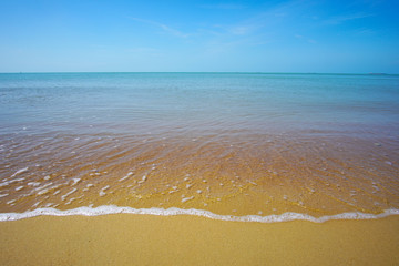 Fototapeta na wymiar Blue ocean with soft wave and blue sky background.
