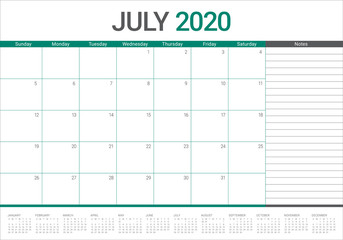 July 2020 desk calendar vector illustration