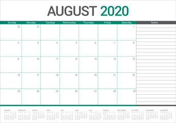 August 2020 desk calendar vector illustration
