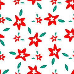 Christmas flowers and leaves vector pattern background, Scandinavian hand drawn illustration.