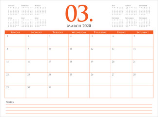 March 2020 desk calendar vector illustration