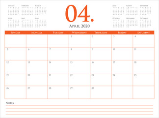 April 2020 desk calendar vector illustration
