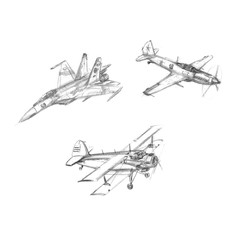 Set of pencil drawn airplanes on white background
