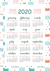 Fototapeta na wymiar 2020 calendar with kids illustrations, A4 format, printable page for notebook, organiser, book.
