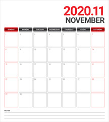 November 2020 desk calendar vector illustration
