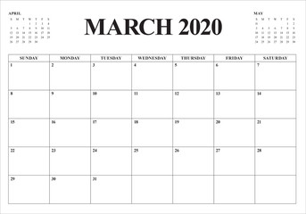 March 2020 desk calendar vector illustration