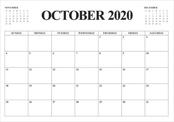 October 2020 desk calendar vector illustration - obrazy, fototapety, plakaty