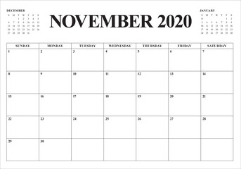 November 2020 desk calendar vector illustration