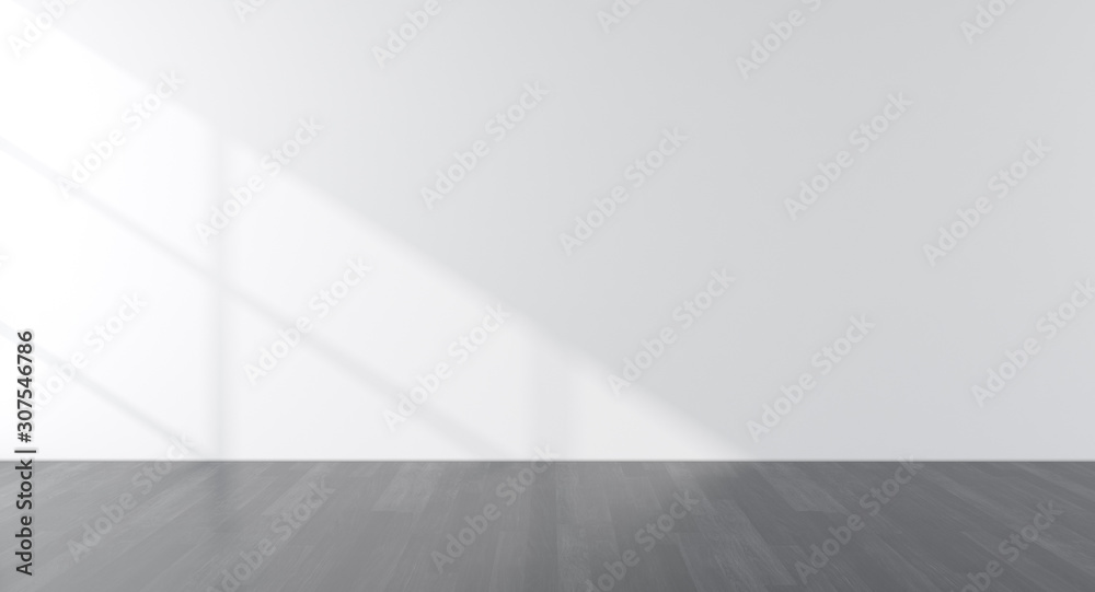 Poster Mock-up of white empty room and wood laminate floor with sun light cast the shadow on the wall,Perspective of minimal inteior design. 3D rendering