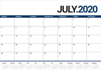 July 2020 desk calendar vector illustration