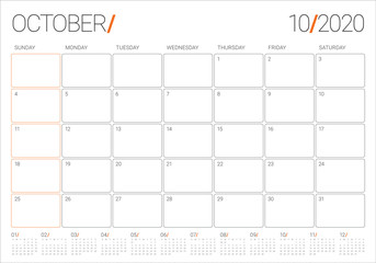 October 2020 desk calendar vector illustration