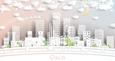 Fototapeta premium Oslo Norway City Skyline in Paper Cut Style with Snowflakes, Moon and Neon Garland.