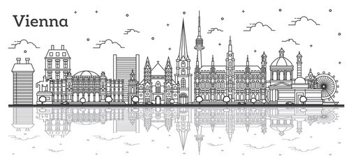 Outline Vienna Austria City Skyline with Historic Buildings and Reflections Isolated on White.