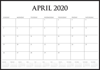 April 2020 desk calendar vector illustration