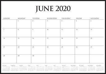 June 2020 desk calendar vector illustration