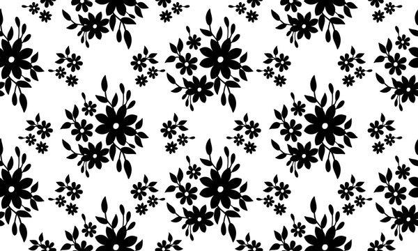 Black Flower Silhouette, Abstract Floral Pattern Background.