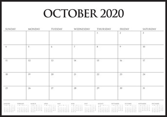 October 2020 desk calendar vector illustration