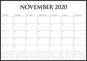 November 2020 desk calendar vector illustration