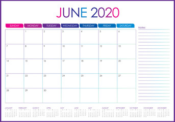 June 2020 desk calendar vector illustration