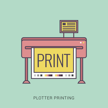 Large format full color latex printer plotter flat vector illustration. Red and green color with outline concept.