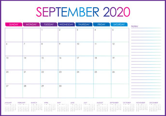 September 2020 desk calendar vector illustration