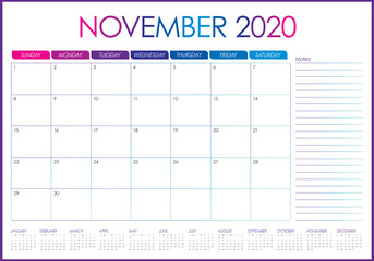 November 2020 desk calendar vector illustration
