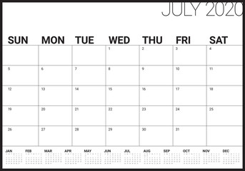 July 2020 desk calendar vector illustration