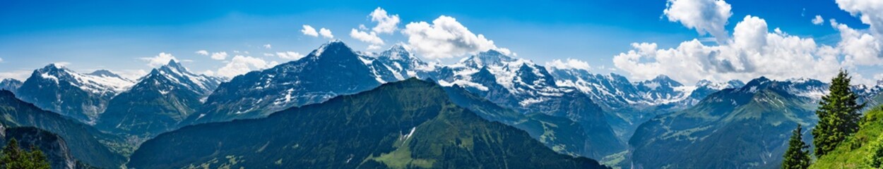 Switzerland, Panoramic view on green Alps and Grindelwald valley from Schynige Platte