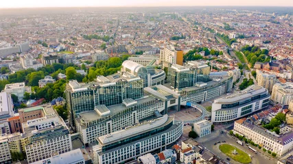 Fototapeten Brussels, Belgium - July 3, 2019: The complex of buildings of the European Parliament. State institution, Aerial View © nikitamaykov