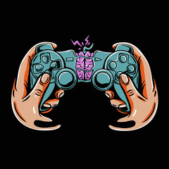 Game controller with brain inside vector illustration. Gamepad joystick for playstation with melted hands in pop art style. Zombie Gaming tshirt design. Illustration for stickers, or poster © Plastic Ghost