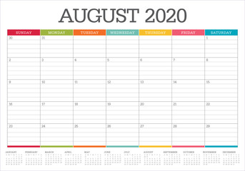 August 2020 desk calendar vector illustration