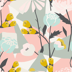 Modern abstract seamless pattern with geometric shapes, blooming flowers. Delicate pink background