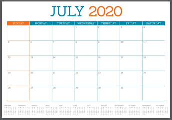July 2020 desk calendar vector illustration