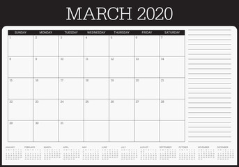 March 2020 desk calendar vector illustration