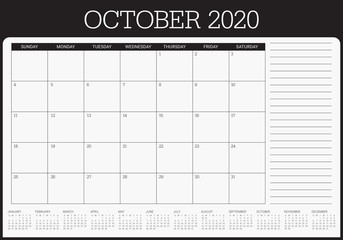October 2020 desk calendar vector illustration