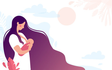 A cute young mother breastfeeds a newborn baby on a natural background. The woman presses the baby to the chest, the baby eats breast milk. Flat illustration isolated on white background