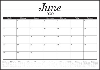 June 2020 desk calendar vector illustration