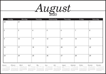 August 2020 desk calendar vector illustration